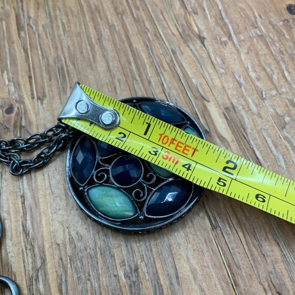 1928 Mosaic Style Green Deep Blue Faceted Pendant Gunmetal Chain Necklace - Picture 7 of 7
